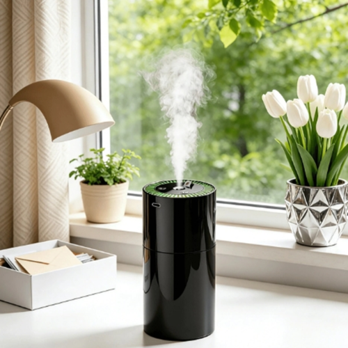 Diffuseur d'Arôme Minimaliste Noir Rechargeable USB avec Anneau LED – Diffuseur d'Huiles Essentielles Ultra-Silencieux pour Sommeil, Bureau, Salon & Voiture – Rituel Bien-Être Multi-Usage