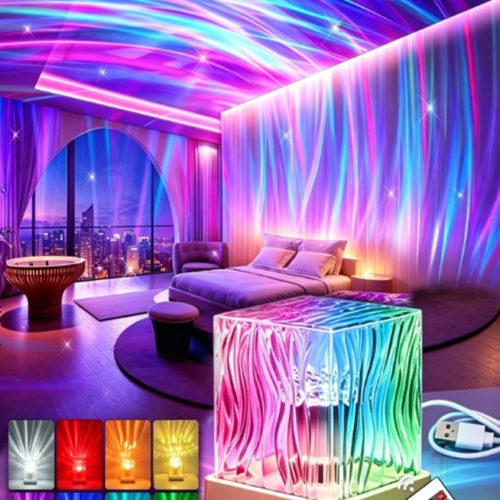 Lampe de projection cube LED 16 couleurs, vague d'eau holographique 3D, lampe d'ambiance romantique, convient pour la chambre d'enfant, la méditation, la relaxation, la salle de bain et la veilleuse. Veilleuse de projection d'aurore - équipée d'une lumière de projection de ciel étoilé RGB 16 couleurs, alimentée par USB