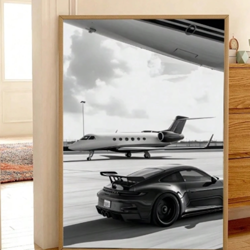 Tableau Impression sur Canevas Voiture de Sport de Luxe Noir et Blanc – Affiche Photo Rétro Thème Automobile Haut de Gamme pour Salon, Chambre et Bureau (Avec ou Sans Cadre)