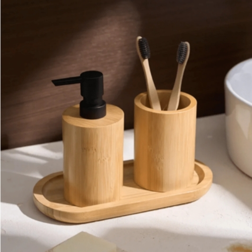 Distributeur de Savon et Lotion en Bambou 15 oz (450 ml) – Bouteille Rechargeable avec Pompe à Liquide pour Salle de Bain, Cuisine & Plan de Travail – Accessoire Écoresponsable & Tendance