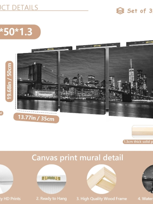 Ensemble de 3 Tableaux sur Canevas Encadrés et Tendus – Décoration Murale Paysage Urbain de New York & Pont de Brooklyn en Noir et Blanc, Art de Voyage Moderne pour Salon, Chambre et Bureau