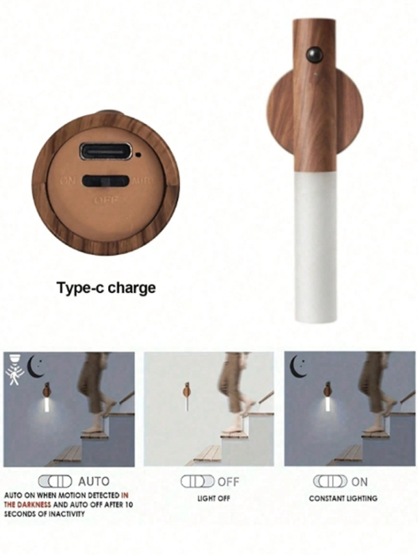 Lot de 2/3 Veilleuses à Détecteur de Mouvement en Bois – Appliques Murales LED Magnétiques & Rechargeables – Lampes Portables Sans Fil d'Intérieur pour Couloir, Escalier, Armoire, Placard & Chambre