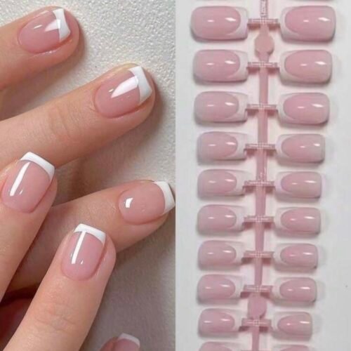 Kit de 120 Faux Ongles Carrés Courts – French Manucure Blanche