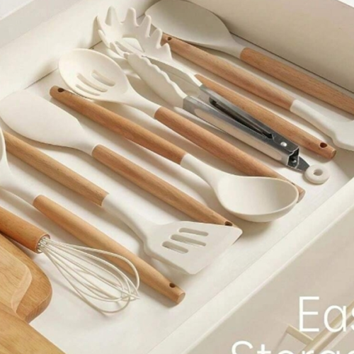 Rectangle 1014 (25) Set de 10 Ustensiles de Cuisine en Silicone avec Manches en Bois – Outils de Cuisson Anti-Adhésifs & Résistants à la Chaleur – Spatules, Louche, Fouet & Pinces pour Cuisine & Restauration