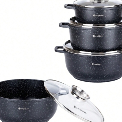 Rectangle 1014 (26) Batterie de Cuisine 6 Pièces en Pierre Anti-Adhésive Noire – Ensemble de Casseroles & Marmites Indéformables avec Couvercles – Compatible Gaz, Induction & Tous Feux – Ustensiles Résistants aux Rayures