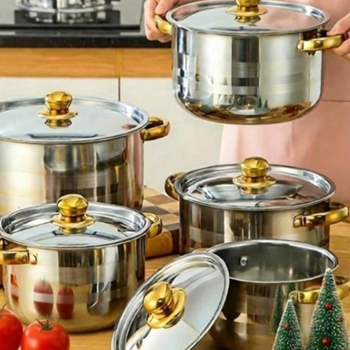 Rectangle 1014 (28) LAISONWARE Batterie de Cuisine 5 Pièces en Acier Inoxydable Doré – Ensemble de Casseroles & Marmites Multifonctions pour Fêtes de Noël & Thanksgiving – Compatible Tous Feux dont Induction & Lave-Vaisselle