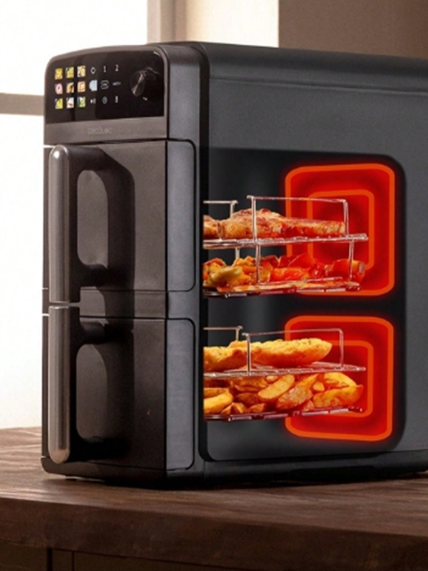 Rectangle 1018 (27) Friteuse sans Huile Cecotec Air Fryer 10L avec Cuves Superposées (2400W) – Friteuse d'Air Double Bac 2x5L à Gain d'Espace – 10 Menus Prédéfinis, Fonction Sync, Température 35-210°C & Écran Tactile