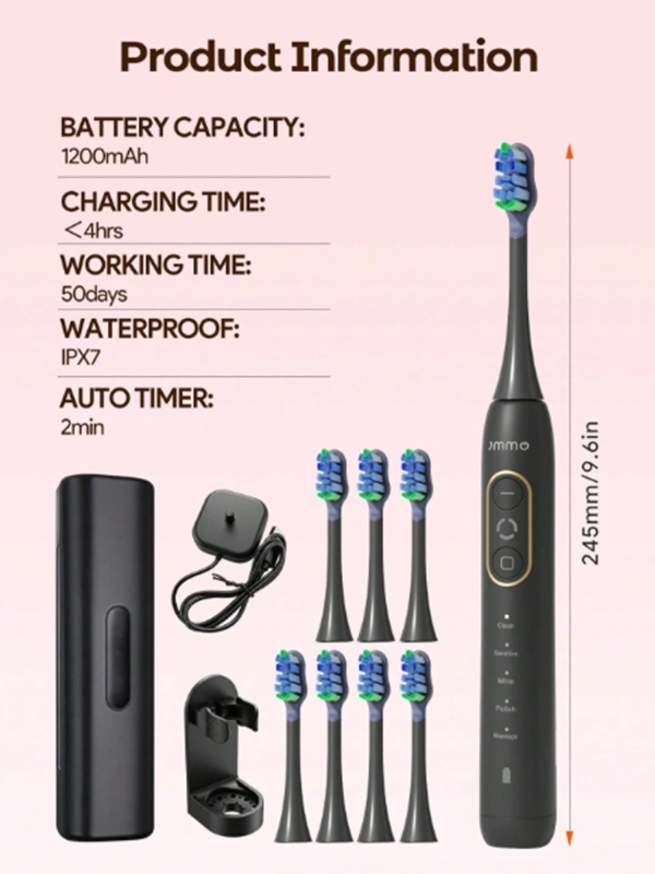 Brosse à Dents Électrique Rechargeable JMMO pour Adultes – Brosse à Dents Étanche avec 8 Têtes de Brosse Souples, Batterie Longue Autonomie & Recharge USB pour Maison et Voyage