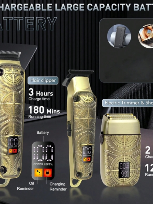 Kit Tondeuse Professionnelle Homme Hatteker 3 pièces – Coffret de Soin 3-en-1 (Tondeuse Cheveux, Tondeuse Barbe & Rasoir Électrique Rétro) – Sans Fil, Écran LCD Intelligente & Sabots de Précision