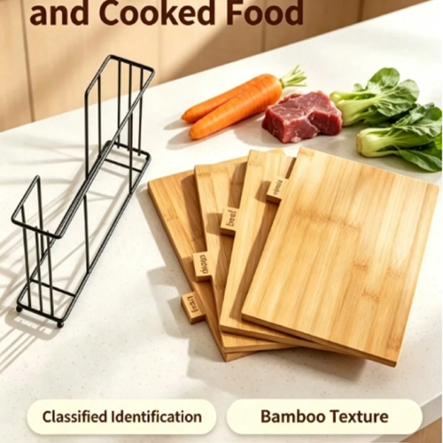 Set de 4 Planches à Découper en Bambou avec Support de Rangement en Métal – Planches Indispensables Étiquetées pour Viande, Poisson, Légumes & Poulet – Organisateur de Comptoir Anti-Contamination