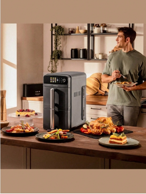 Rectangle 1034 (61) Friteuse sans Huile Cecotec Air Fryer 10L avec Cuves Superposées (2400W) – Friteuse d'Air Double Bac 2x5L à Gain d'Espace – 10 Menus Prédéfinis, Fonction Sync, Température 35-210°C & Écran Tactile