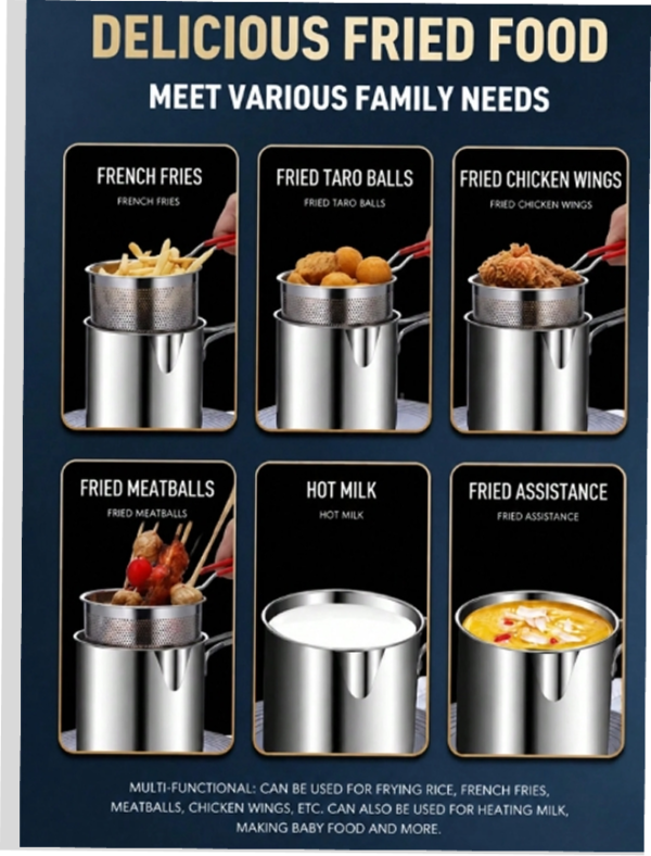 Mini Friteuse en Acier Inoxydable avec Panier Égouttoir Amovible – Casserole Multifonctionnelle pour Friture, Lait, Repas Bébé & Huile – Casserole Portable Compacte pour Cuisine & Camping