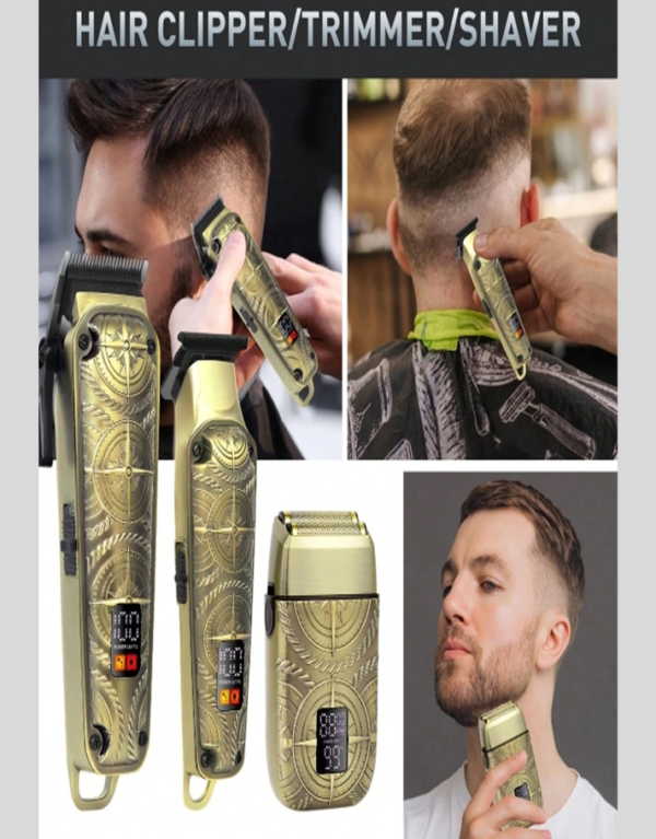 Kit Tondeuse Professionnelle Homme Hatteker 3 pièces – Coffret de Soin 3-en-1 (Tondeuse Cheveux, Tondeuse Barbe & Rasoir Électrique Rétro) – Sans Fil, Écran LCD Intelligente & Sabots de Précision