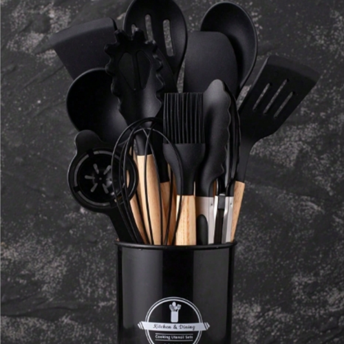Rectangle 14 (54) Set de 14 Ustensiles de Cuisine en Silicone avec Manches en Bois & Pot de Rangement – Outils de Cuisson Anti-Adhésifs & Résistants à la Chaleur – Kit Complet avec Spatules, Louche, Fouet, Pince & Pinceau