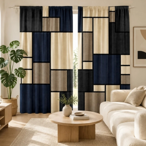 Rectangle 26 (48) Lot de 2 Rideaux Semi-Transparents Géométriques Modernes à Imprimé Numérique – Voilages Passant Passant/Poche à Tringle Patchwork Blocs de Couleurs Bois Vintage – Filtre la Lumière & Préserve l'Intimité pour Salon, Chambre & Bureau
