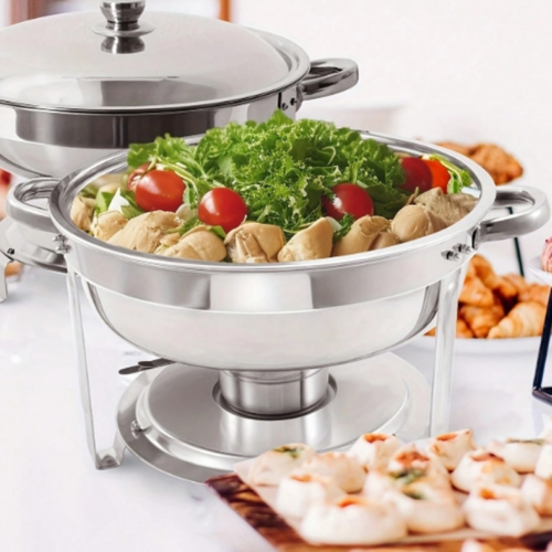 Ensemble de 4 Plats à Réchaud Ronds en Acier Inoxydable (4,7 Litres / 5 Pintes) – Chafing Dish Chauffant Complet avec Bac à Eau, Bac Alimentaire & Brûleurs – Service de Buffet pour Traiteurs, Hôtels & Banquets