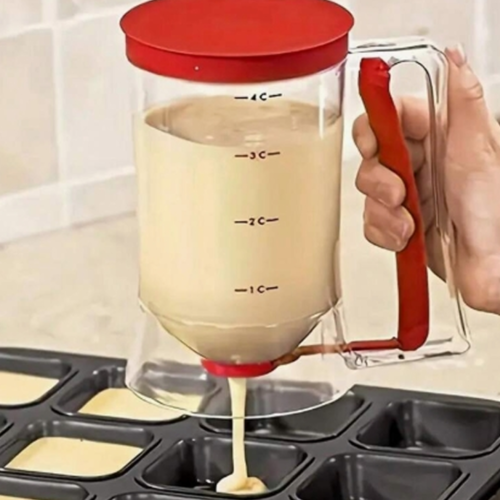 Distributeur de Pâte à Crêpes avec Poignée Ergonomique & Doseur Gradué – Mélangeur & Verseur de Pâte pour Crêpes, Cupcakes, Gaufres, Muffins & Gâteaux – Ustensile de Cuisson Anti-Goutte & Gain de Temps