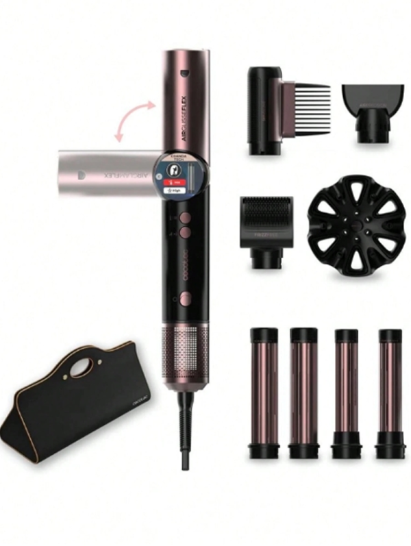 Styliste & Brosse à Air Multifonction Cecotec Bamba AirGlam 8in1 Flex Black (1400W) – Styler d'Air Chaud avec Poignée Flexible, 8 Accessoires Interchangeables, Technologie CoandaTech, Effet Anti-Frisottis FrizzFree & Écran TFT
