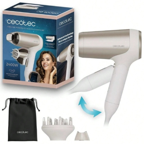 Rectangle 28 (98) Sèche-Cheveux Pliable Ionique Cecotec Bamba IoniCare Power&Travel Champagne (2400W) – Sèche-Cheveux de Voyage Compact avec Moteur DC, Technologie d'Ions Réels, Touche Air Froid, Concentrateur & Diffuseur